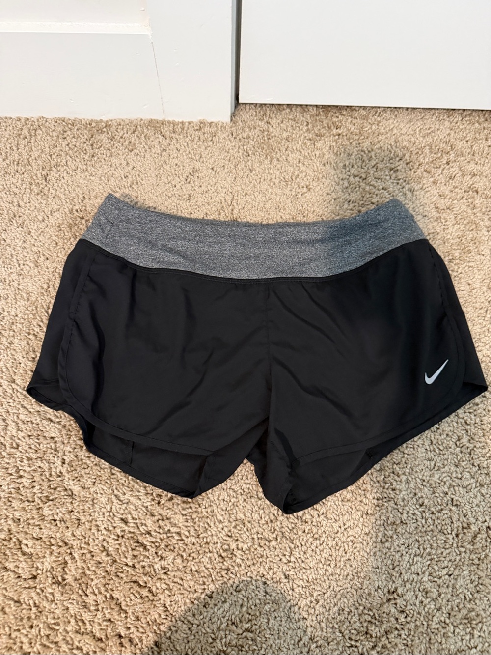 Nike Women’s Black Shorts with Gray Waistband and White Swoosh